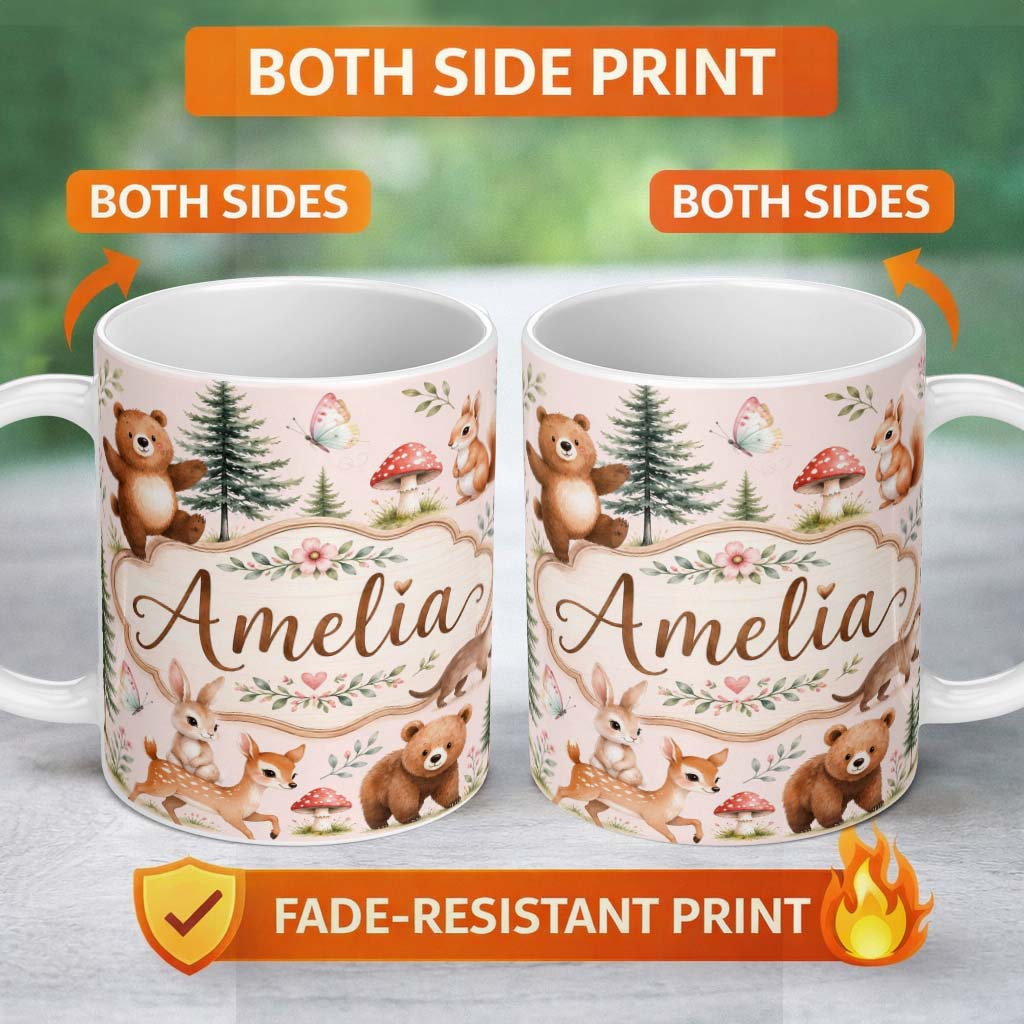 Personalized Custom Name Forest Animals Bear Bunny Squirrel Trees on Blush Pink Seamless 11oz Ceramic Coffee Tea Mug White Large Handle