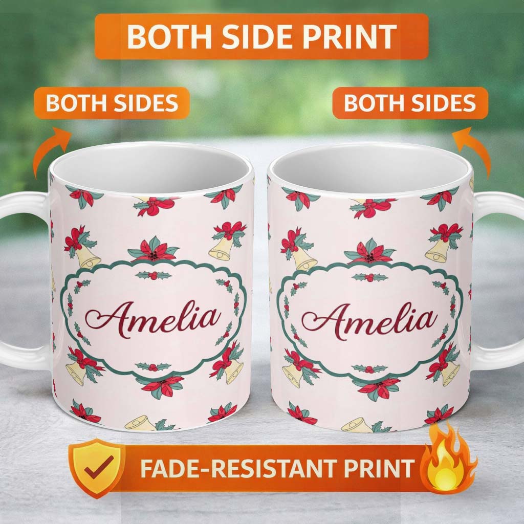 Personalized Custom Name Poinsettia Flower Christmas Bell Holly Seamless Pattern Lovely 11oz Ceramic Coffee Tea Mug White Large Handle