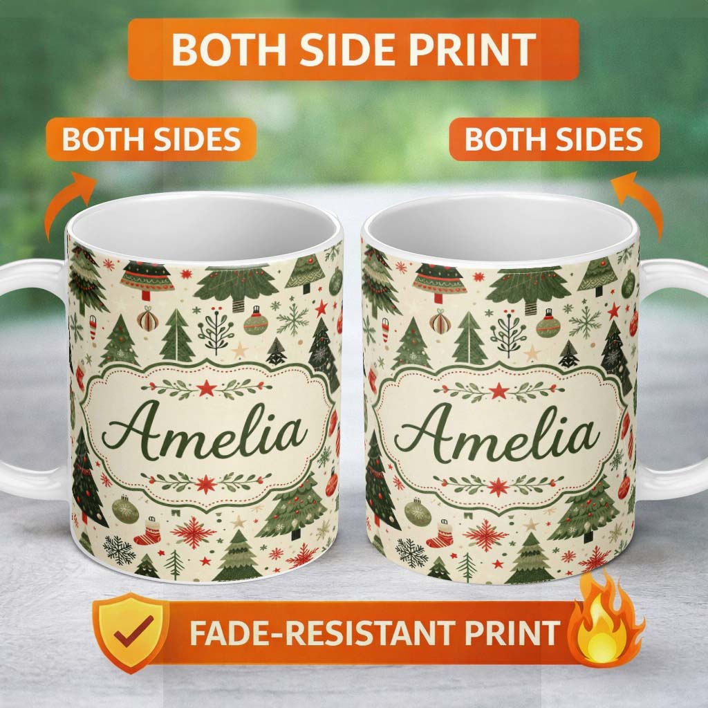 Personalized Custom Name Classic Christmas Tree Illustrations with Baubles Snowflakes and 11oz Ceramic Coffee Tea Mug White Large Handle