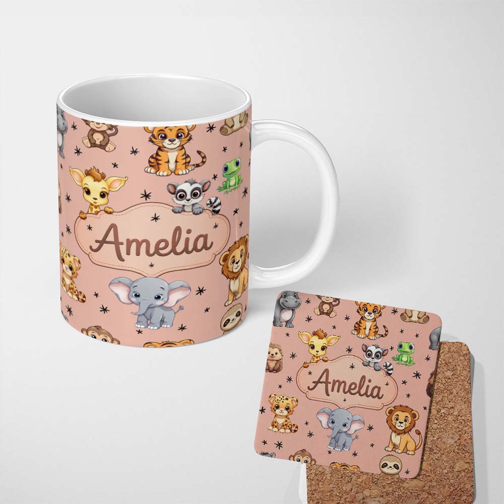 Personalized Custom Name Cute Jungle Baby Animals Lion Tiger Elephant Giraffe Pattern Peach 11oz Ceramic Coffee Tea Mug White Large Handle