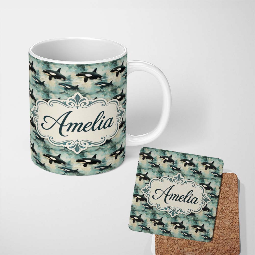 Personalized Custom Name Orca Whale Bubble Ocean Seamless Pattern Playful Marine Life Design 11oz Ceramic Coffee Tea Mug White Large Handle