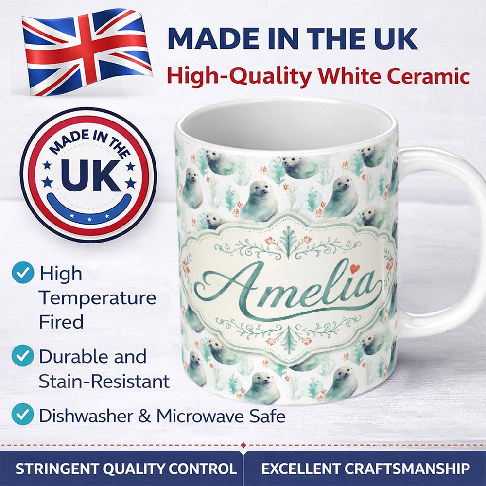 Personalized Custom Name Painterly Seals Swimming in Deep Blue Ocean Artistic Seamless Lovely 11oz Ceramic Coffee Tea Mug White Large Handle