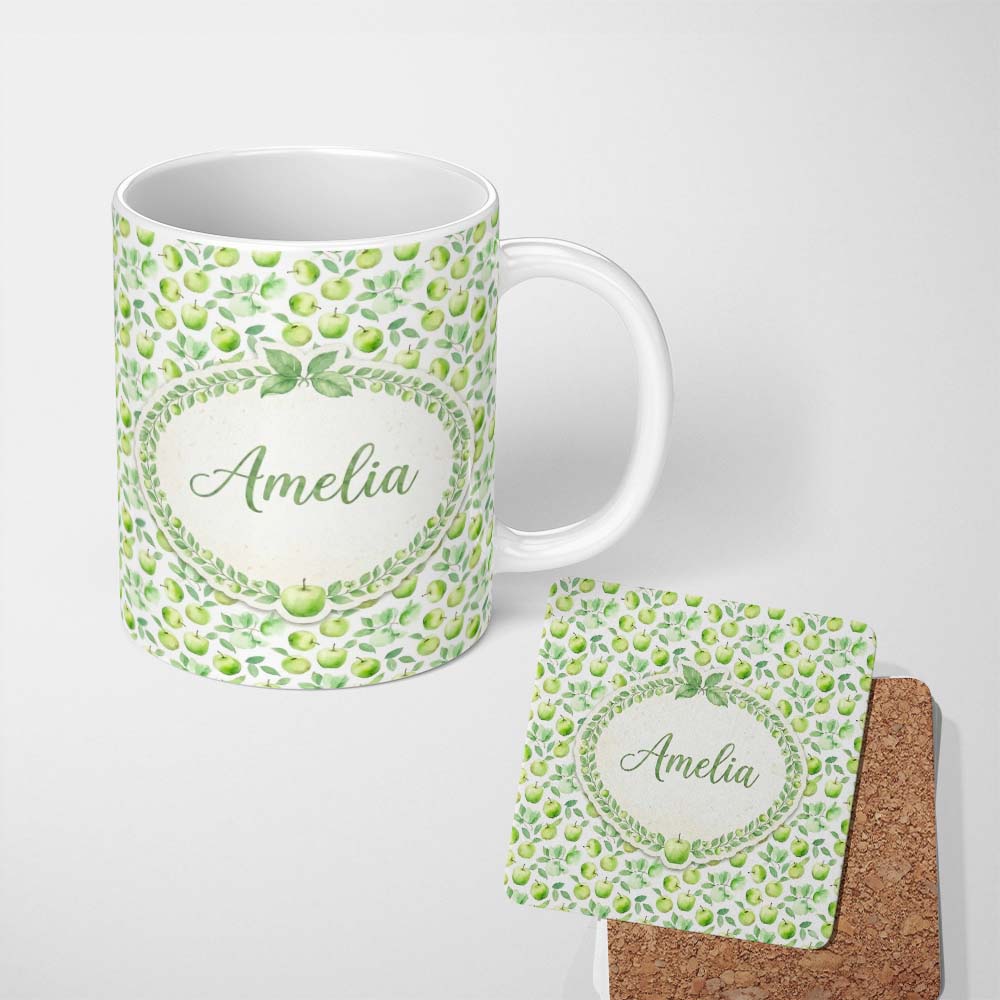 Personalized Custom Name Soft Watercolor Green Apples with Leaves Seamless Pattern Lovely 11oz Ceramic Coffee Tea Mug White Large Handle