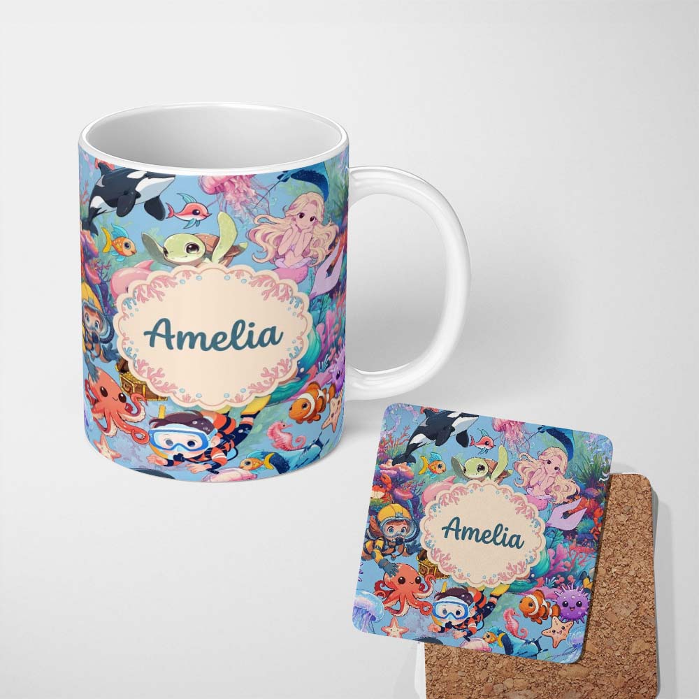 Personalized Custom Name Cute Underwater Ocean Scene Mermaid Dolphin Turtle Treasure Blue 11oz Ceramic Coffee Tea Mug White Large Handle