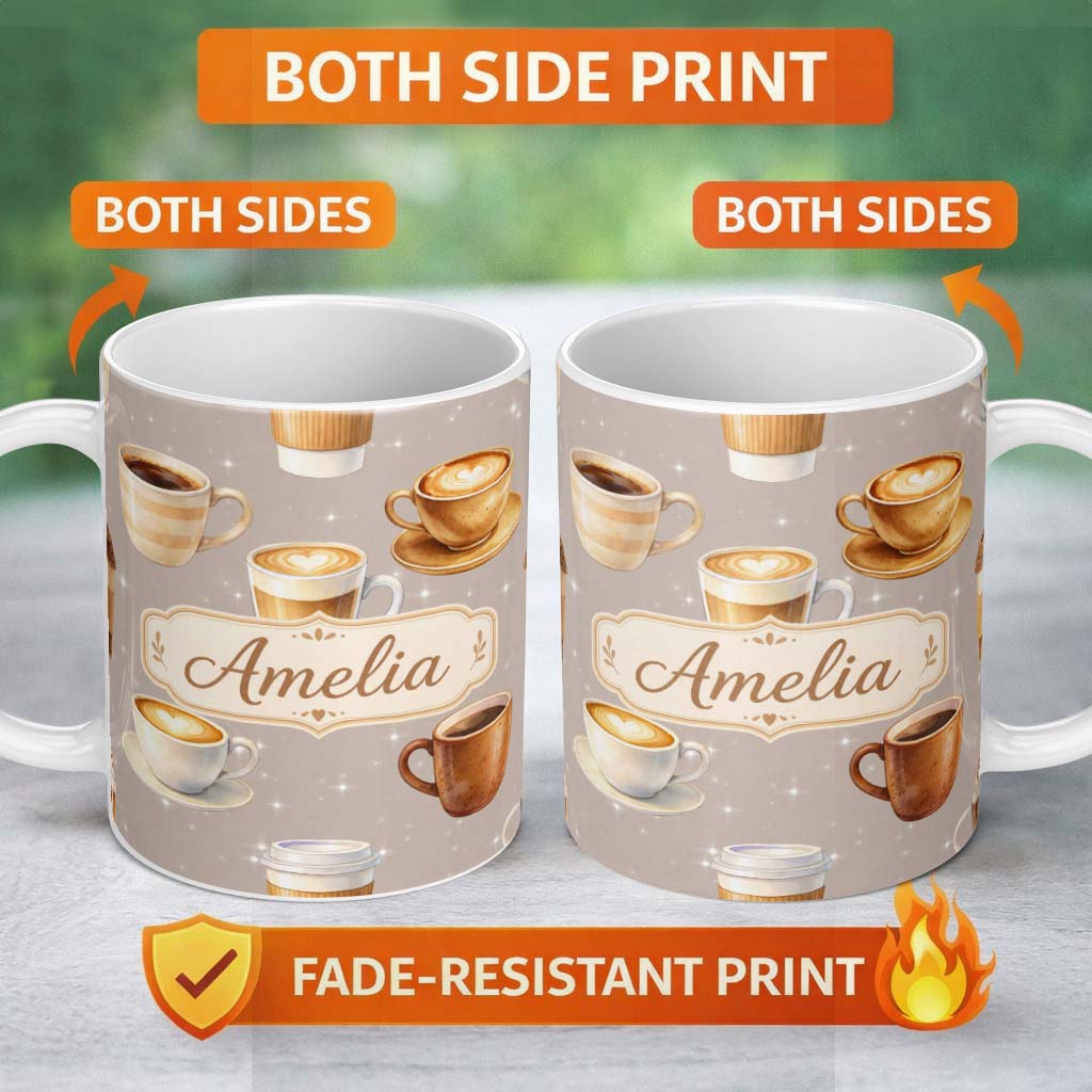Personalized Custom Name Coffee Latte Cappuccino Mug Seamless Pattern on Light Beige Lovely 11oz Ceramic Coffee Tea Mug White Large Handle
