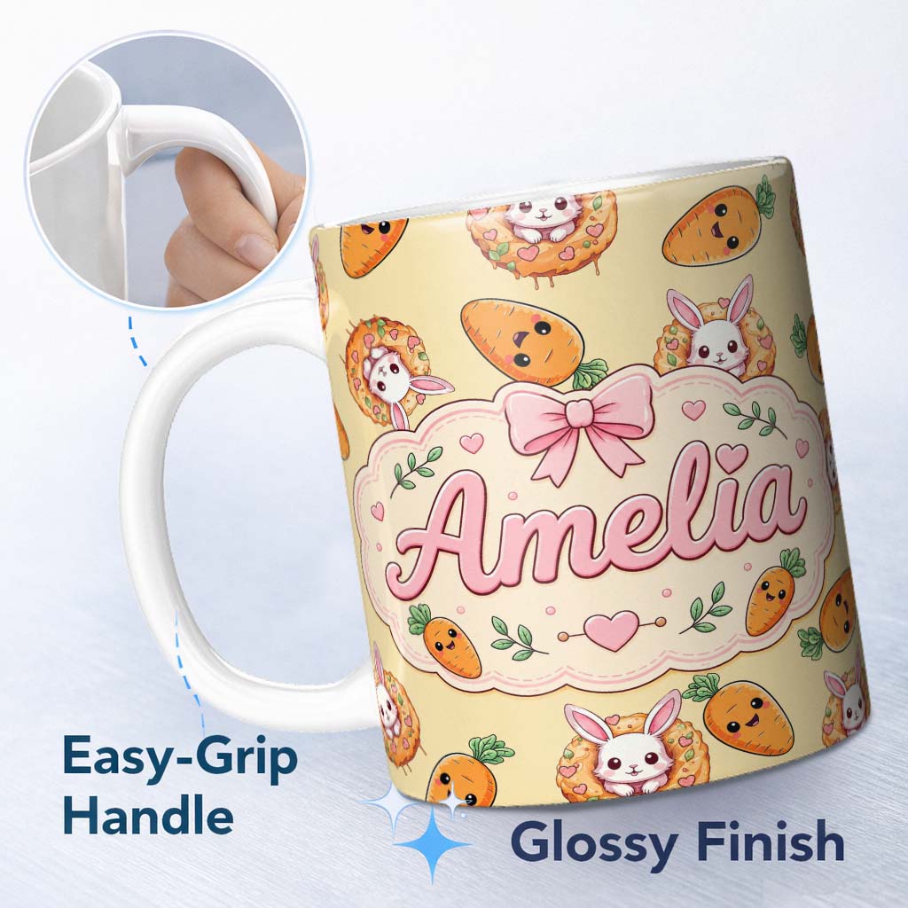 Personalized Custom Name Cute Easter Bunny Carrot Donut Hearts Seamless Pattern Soft Yellow 11oz Ceramic Coffee Tea Mug White Large Handle