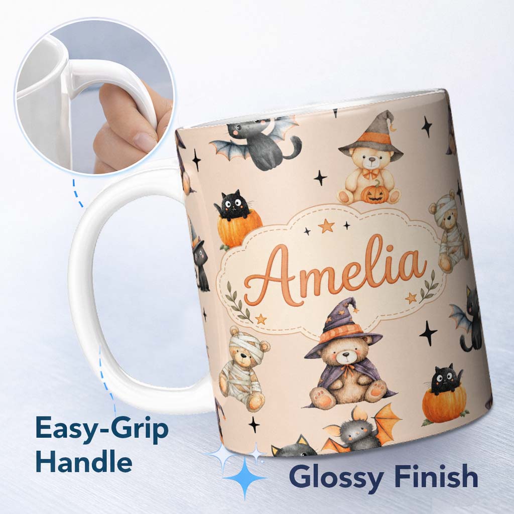 Personalized Custom Name Cute Halloween Teddy Bears Mummy Witch Cat Pumpkin Stars Beige 11oz Ceramic Coffee Tea Mug White Large Handle