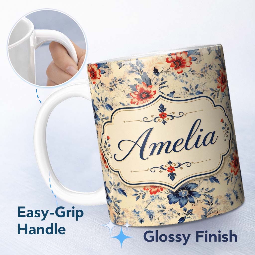 Personalized Custom Name Blue Red Botanical Floral Vintage Seamless Pattern Cute Unique Gift 11oz Ceramic Coffee Tea Mug White Large Handle