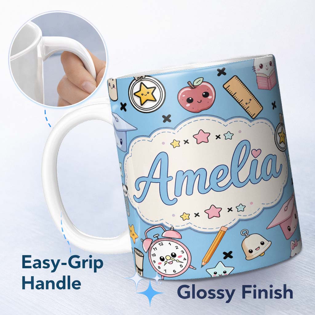 Personalized Custom Name Cute Kawaii School Supplies And Study Seamless Pattern Blue Lovely 11oz Ceramic Coffee Tea Mug White Large Handle