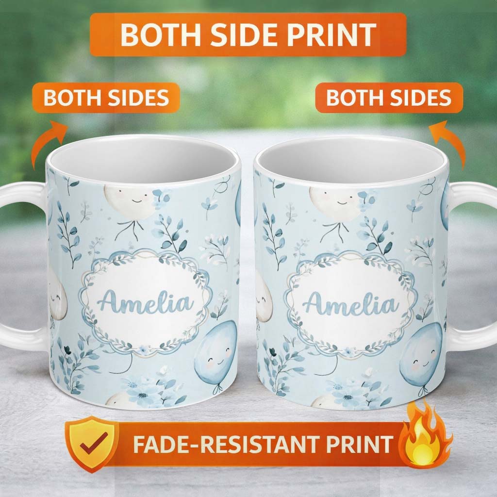 Personalized Custom Name Cute Pastel Balloons with Leaves Light Blue Background Seamless 11oz Ceramic Coffee Tea Mug White Large Handle