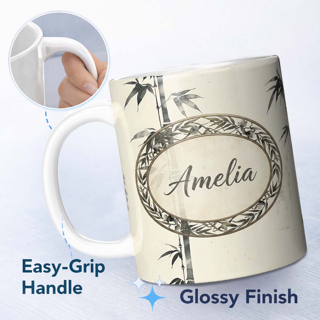 Personalized Custom Name Traditional Ink Bamboo Branch on Textured Beige Background Pattern 11oz Ceramic Coffee Tea Mug White Large Handle