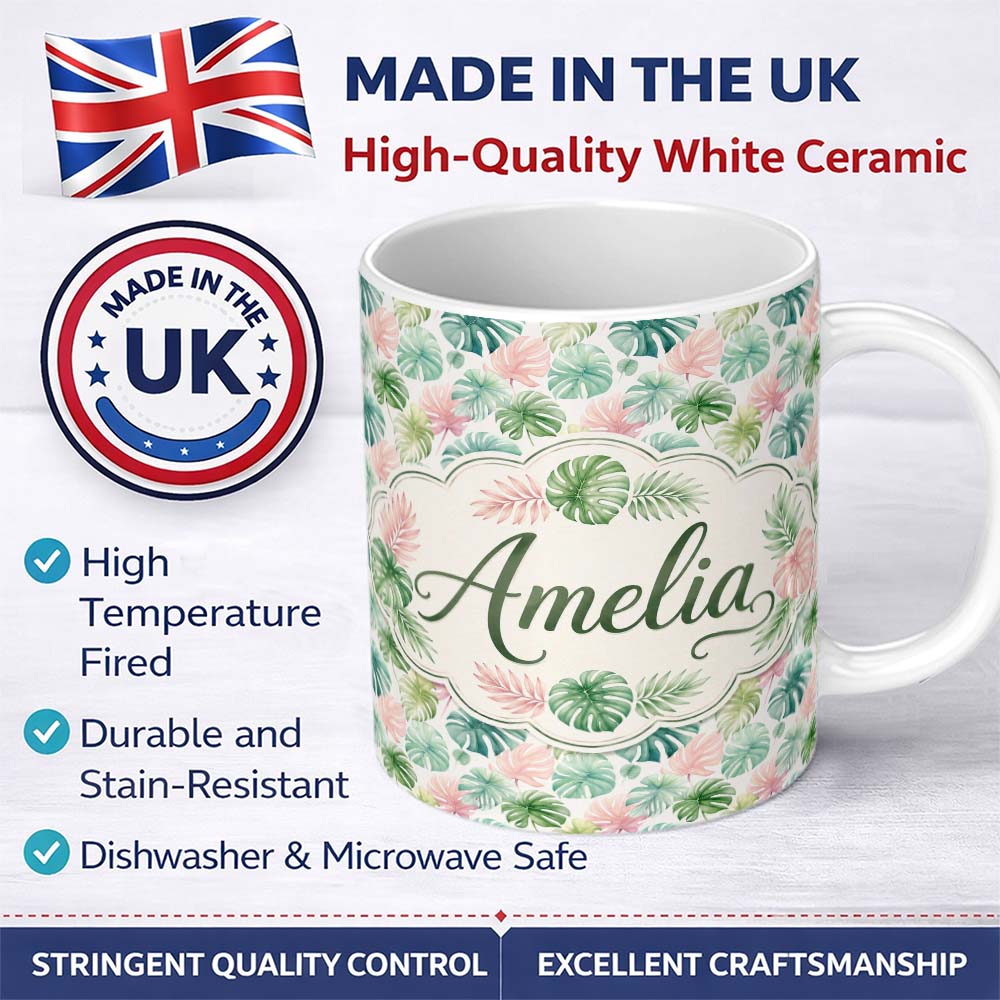 Personalized Custom Name Pastel Tropical Monstera Leaves in Soft Pink and Green Seamless 11oz Ceramic Coffee Tea Mug White Large Handle