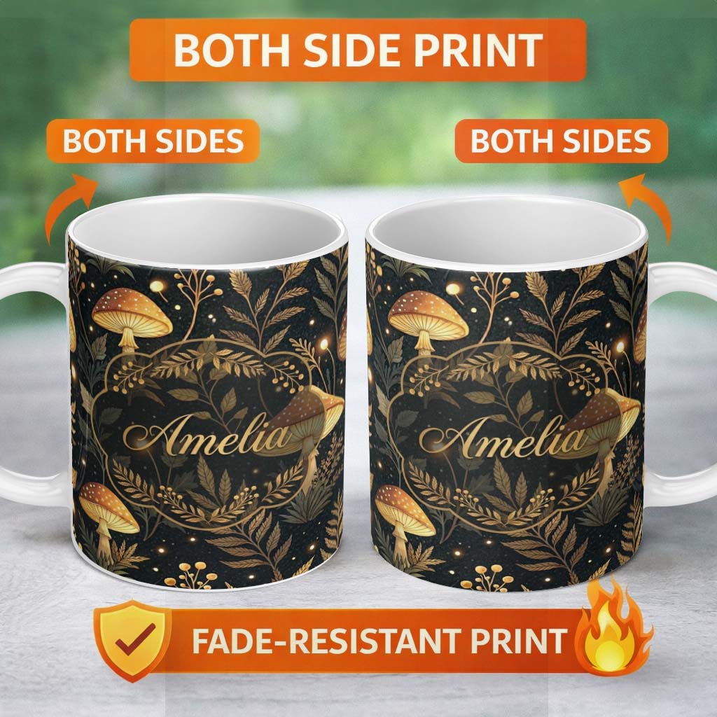 Personalized Custom Name Glowing Mushroom Botanical Night Forest Seamless Pattern Lovely 11oz Ceramic Coffee Tea Mug White Large Handle