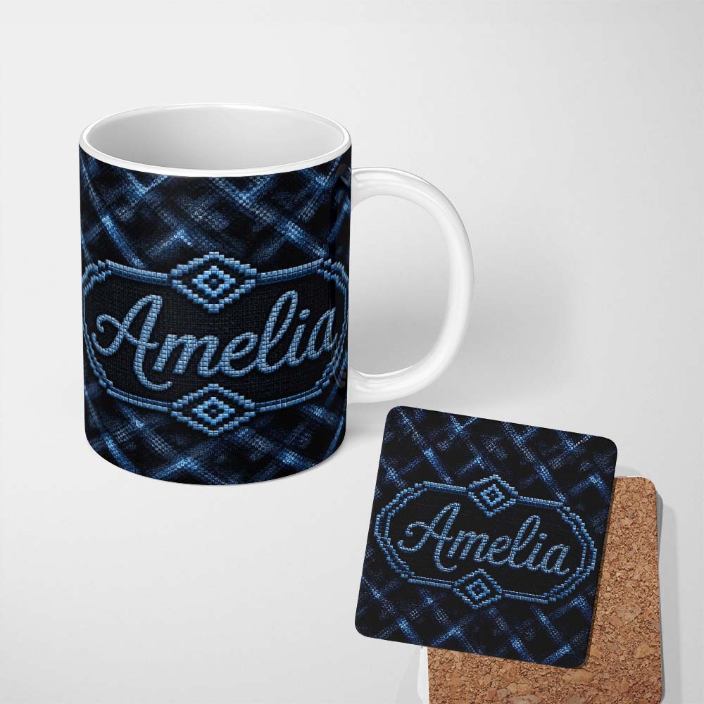 Personalized Custom Name Dark Blue Pixel Texture Abstract Seamless Pattern Cute Unique Gift 11oz Ceramic Coffee Tea Mug White Large Handle