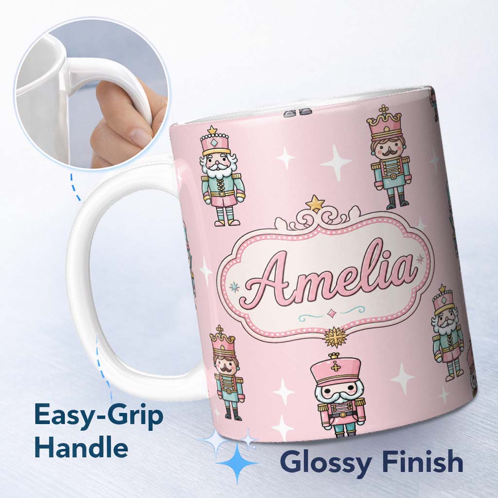 Personalized Custom Name Cute Nutcracker Soldiers Christmas Toy Characters Pattern Soft Pink 11oz Ceramic Coffee Tea Mug White Large Handle