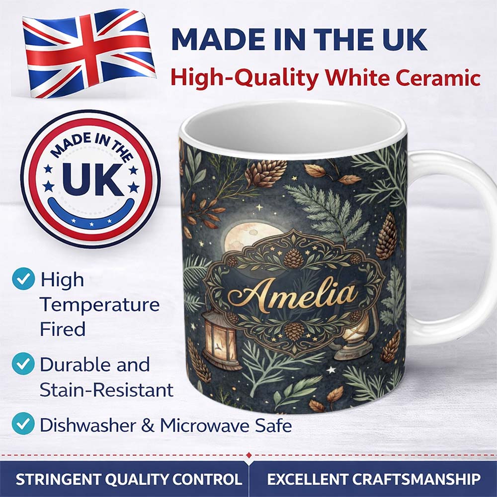 Personalized Custom Name Celestial Lantern Moon Pine Leaves Night Seamless Pattern Lovely 11oz Ceramic Coffee Tea Mug White Large Handle