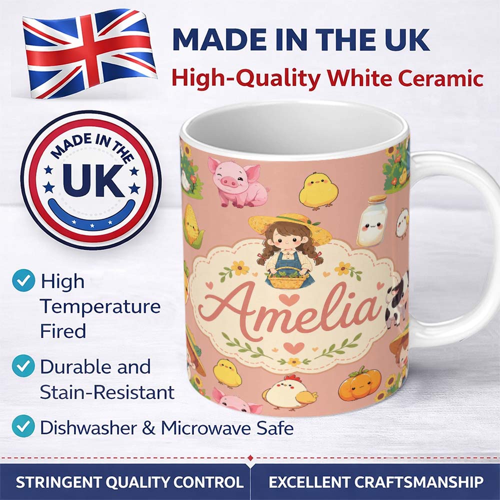 Personalized Custom Name Cute Farm Animals Girl Pig Cow Chicken Peach Background Seamless 11oz Ceramic Coffee Tea Mug White Large Handle