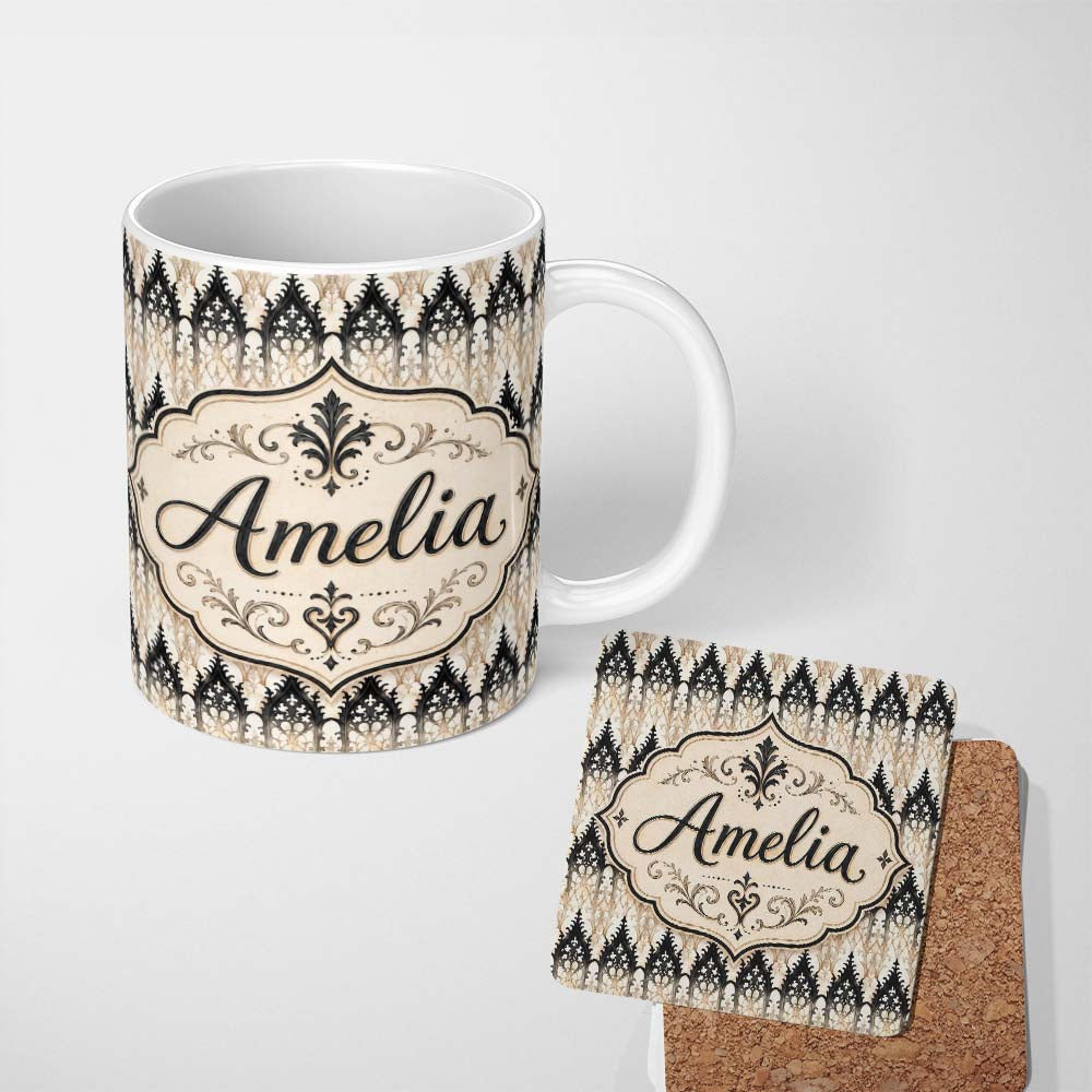 Personalized Custom Name Gothic Arch Ornamental Pattern in Neutral Tones Seamless Pattern 11oz Ceramic Coffee Tea Mug White Large Handle