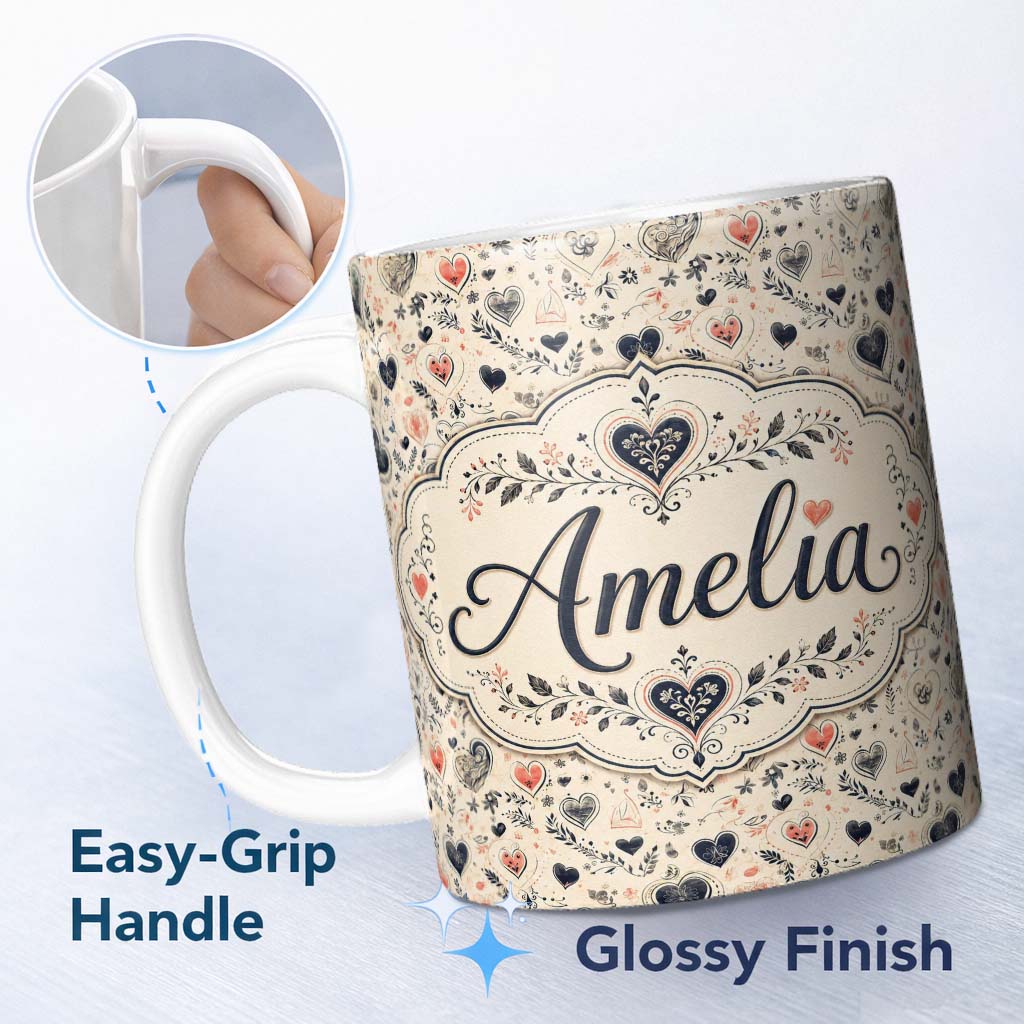 Personalized Custom Name Delicate Hand Drawn Heart and Botanical Sketch Seamless Pattern 11oz Ceramic Coffee Tea Mug White Large Handle