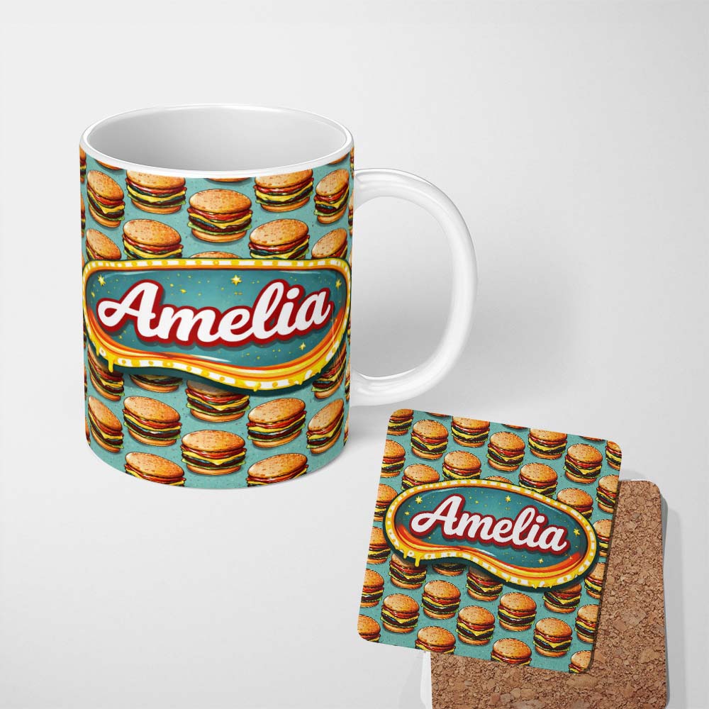 Personalized Custom Name Cute Flat Burger Seamless Pattern Teal Background Fast Food Design 11oz Ceramic Coffee Tea Mug White Large Handle
