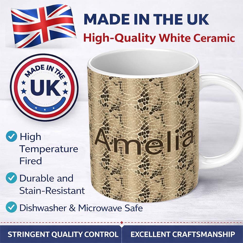 Personalized Custom Name Natural Sand Crocodile Texture Pattern Soft Neutral Design Lovely 11oz Ceramic Coffee Tea Mug White Large Handle