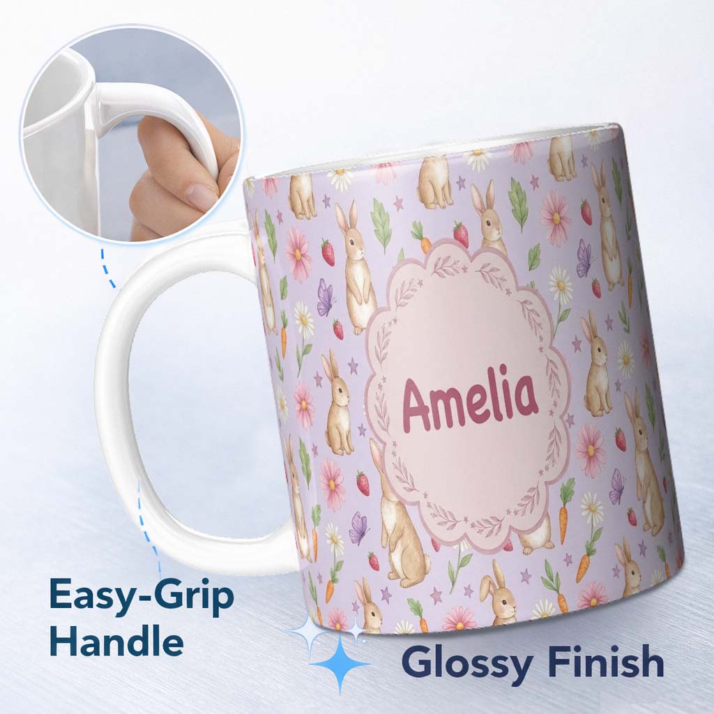 Personalized Custom Name Cute Easter Bunnies with Flowers Carrots Soft Lilac Background 11oz Ceramic Coffee Tea Mug White Large Handle