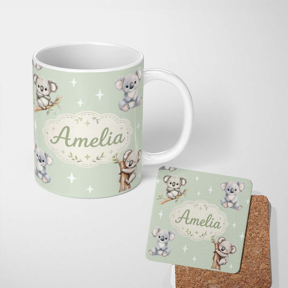 Personalized Custom Name Cute Baby Koala Bears with Stars on Sage Green Background Seamless 11oz Ceramic Coffee Tea Mug White Large Handle