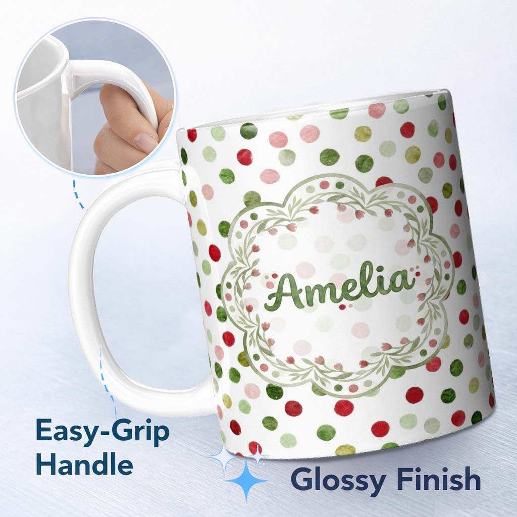 Personalized Custom Name Festive Red Green Watercolor Polka Dot Seamless Pattern Christmas 11oz Ceramic Coffee Tea Mug White Large Handle