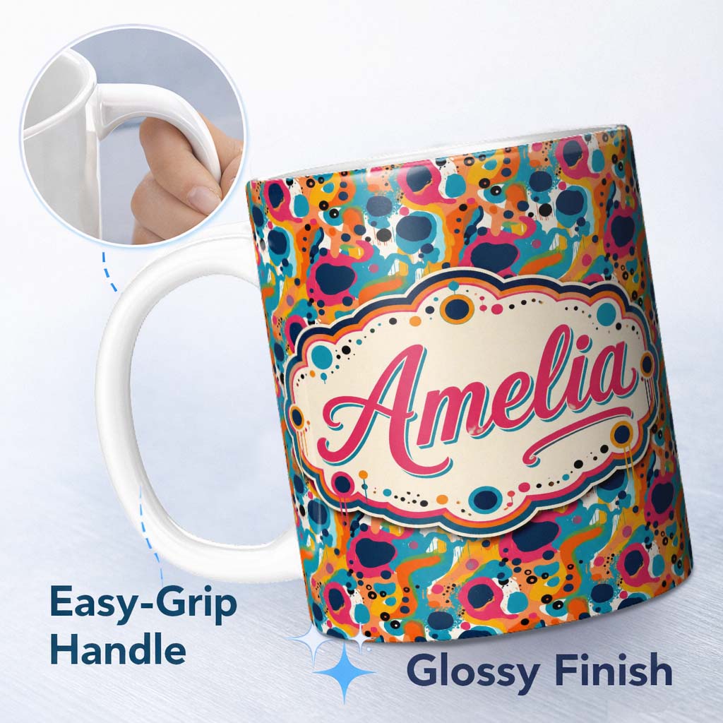 Personalized Custom Name Vibrant Abstract Organic Shapes Seamless Pattern Bold Colorful 11oz Ceramic Coffee Tea Mug White Large Handle
