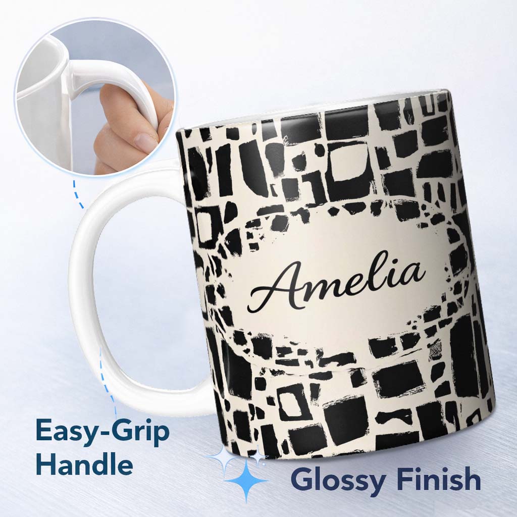 Personalized Custom Name Irregular Mosaic Tiles Black Cream Abstract Geometric Pattern Lovely 11oz Ceramic Coffee Tea Mug White Large Handle