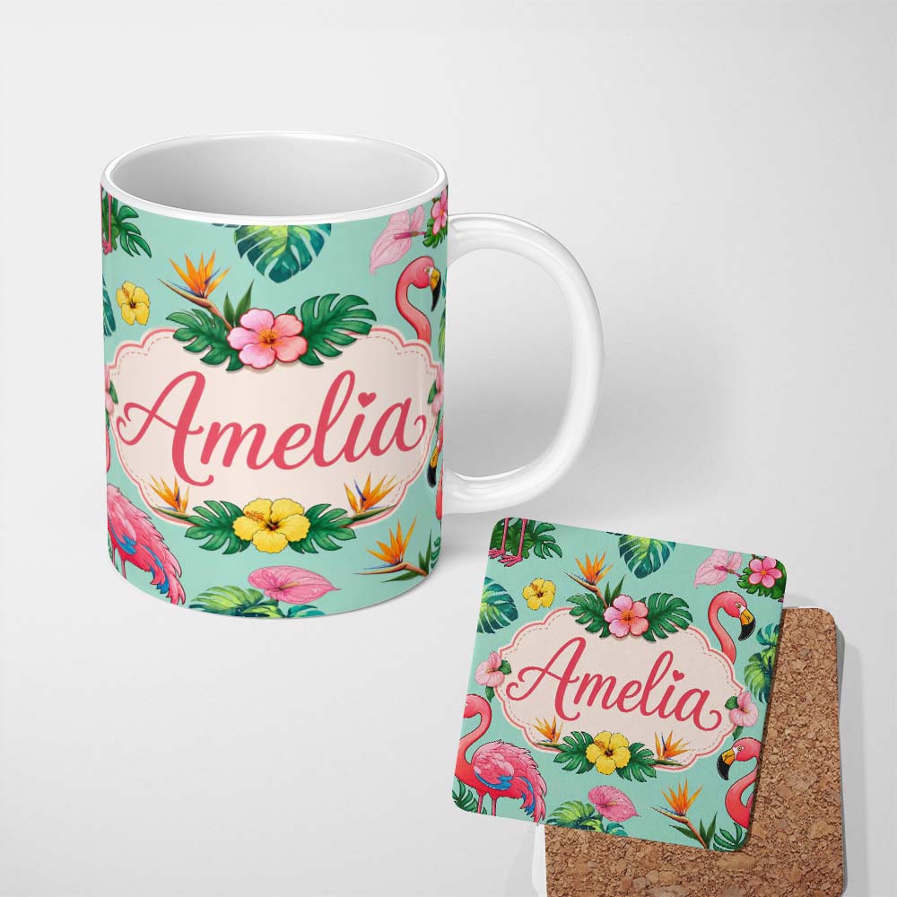 Personalized Custom Name Tropical Flamingo Bird with Exotic Flowers Leaves Pattern Mint 11oz Ceramic Coffee Tea Mug White Large Handle