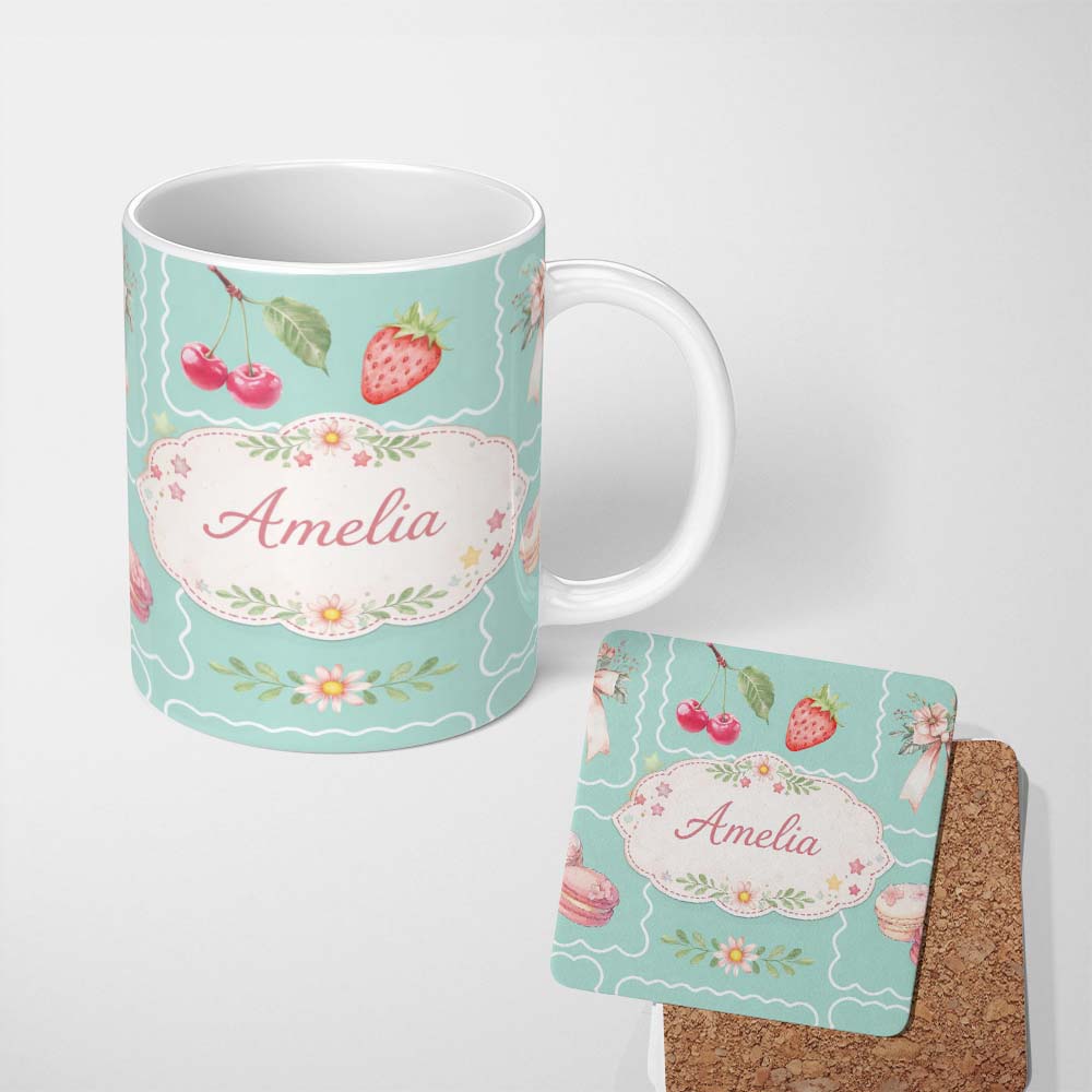 Personalized Custom Name Strawberry Cherry Bow Seamless Pattern Teal Frame Cute Coquette 11oz Ceramic Coffee Tea Mug White Large Handle