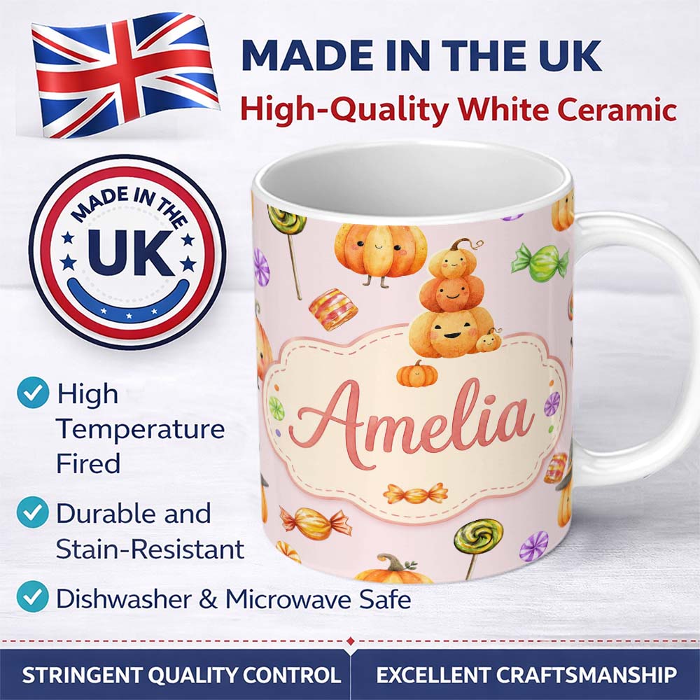 Personalized Custom Name Cute Candy Pumpkin Characters Pink Background Seamless Pattern UK 11oz Ceramic Coffee Tea Mug White Large Handle