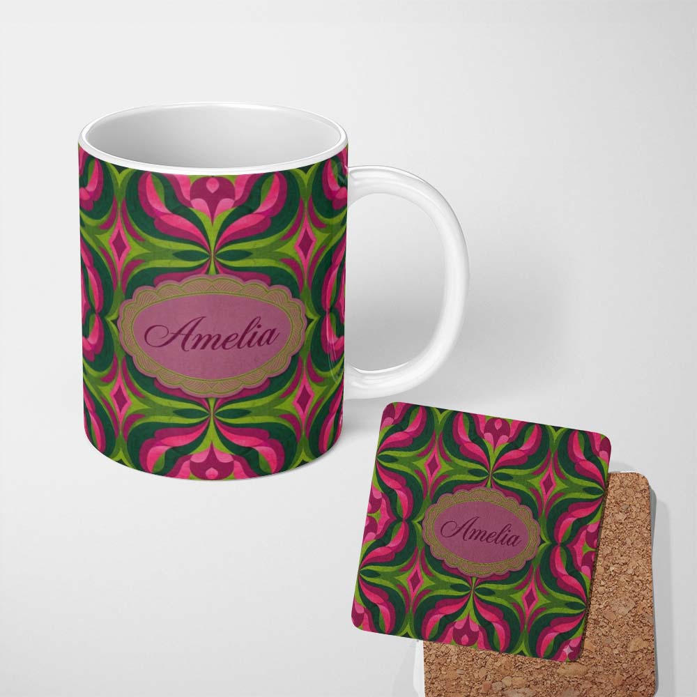 Personalized Custom Name Mid Century Abstract Oval Pattern in Soft Pastel Colors Lovely 11oz Ceramic Coffee Tea Mug White Large Handle
