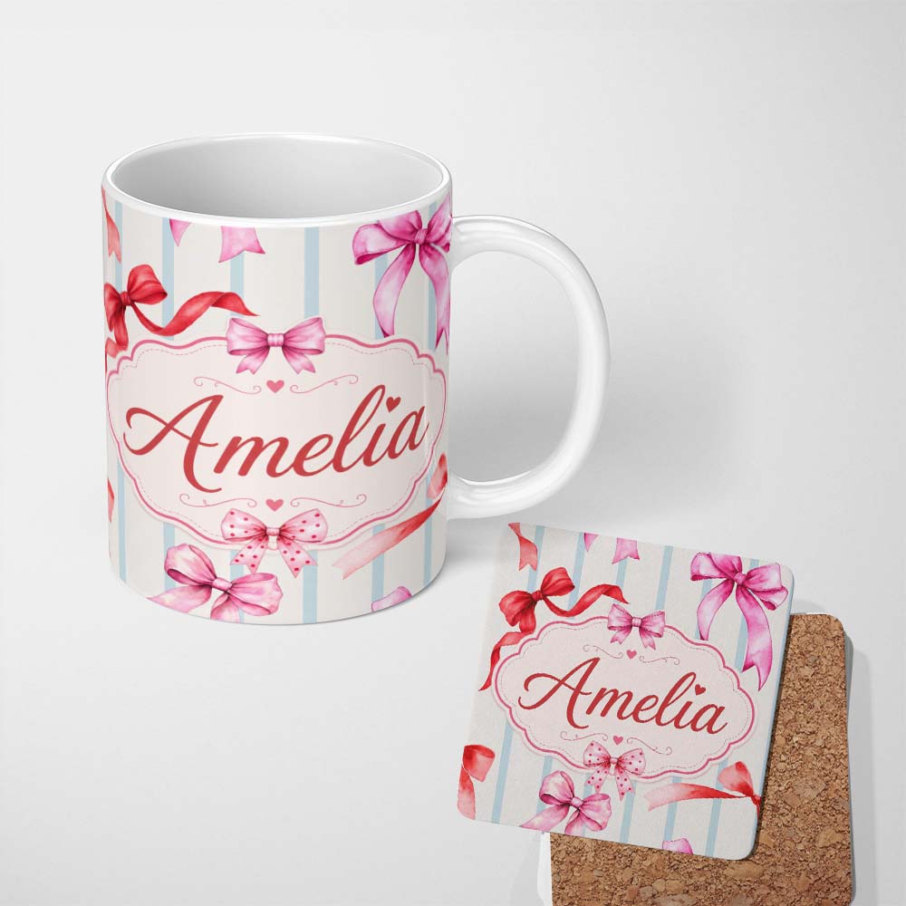 Personalized Custom Name Watercolor Red Pink Ribbon Bows Blue Stripe Background Cute Girly 11oz Ceramic Coffee Tea Mug White Large Handle