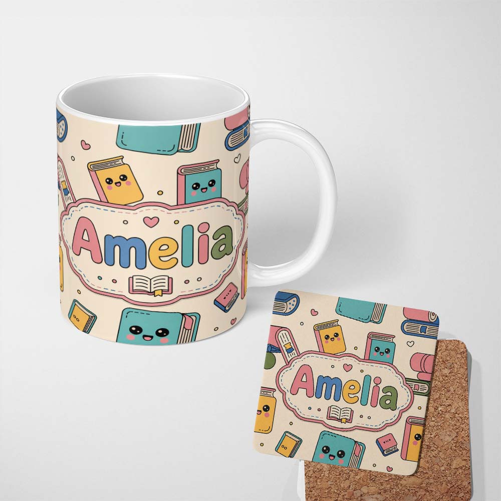 Personalized Custom Name Cute Kawaii Books and Study Elements Learning Seamless Pattern 11oz Ceramic Coffee Tea Mug White Large Handle