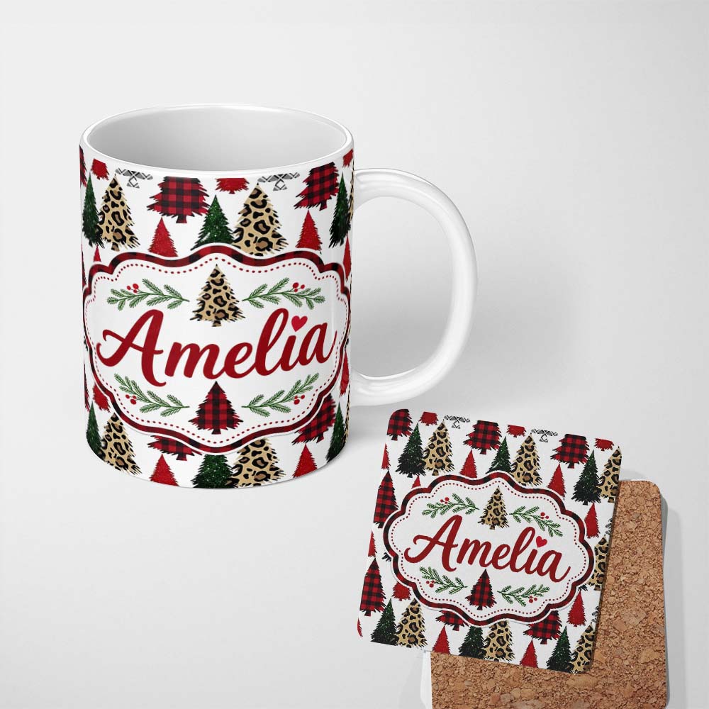 Personalized Custom Name Trendy Christmas Trees in Plaid and Leopard Print Seamless Pattern 11oz Ceramic Coffee Tea Mug White Large Handle