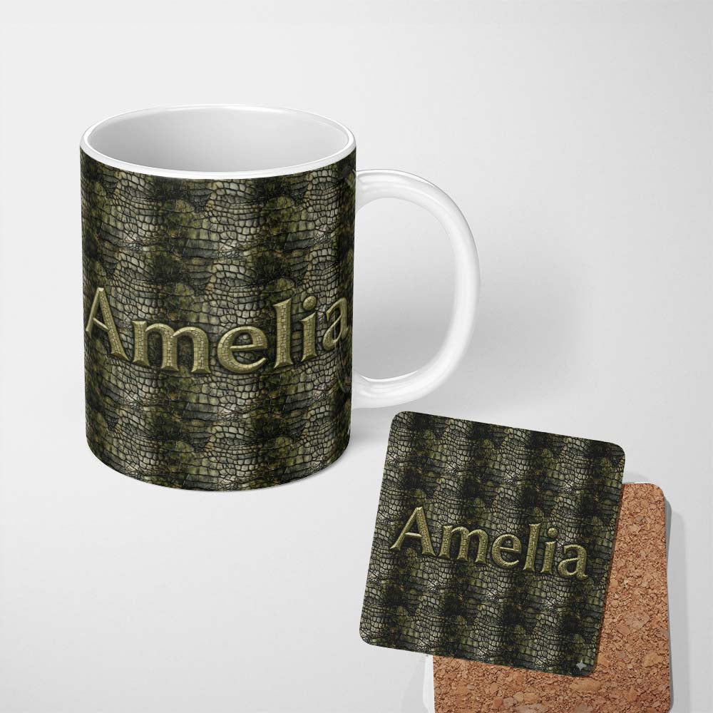 Personalized Custom Name Dark Olive Crocodile Texture Pattern Natural Reptile Skin Design 11oz Ceramic Coffee Tea Mug White Large Handle