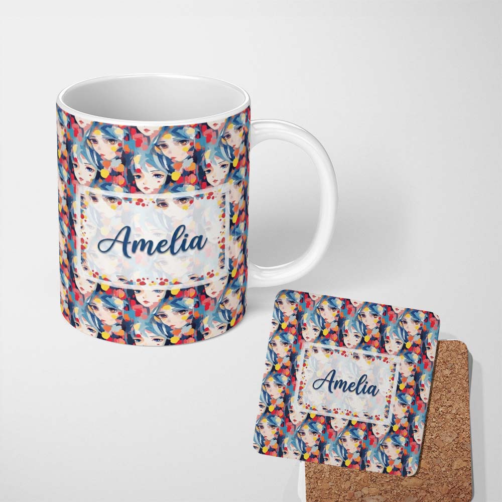Personalized Custom Name Anime Girl Blue Hair Paint Splash Artistic Pattern Cute Unique Gift 11oz Ceramic Coffee Tea Mug White Large Handle