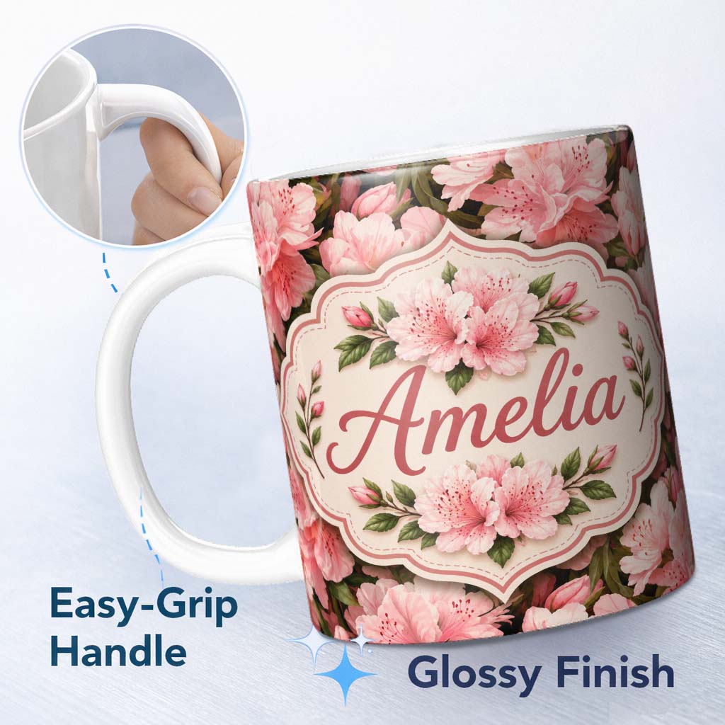 Personalized Custom Name Blush Pink Azalea Bloom Cluster Seamless Pattern Cute Unique Gift 11oz Ceramic Coffee Tea Mug White Large Handle