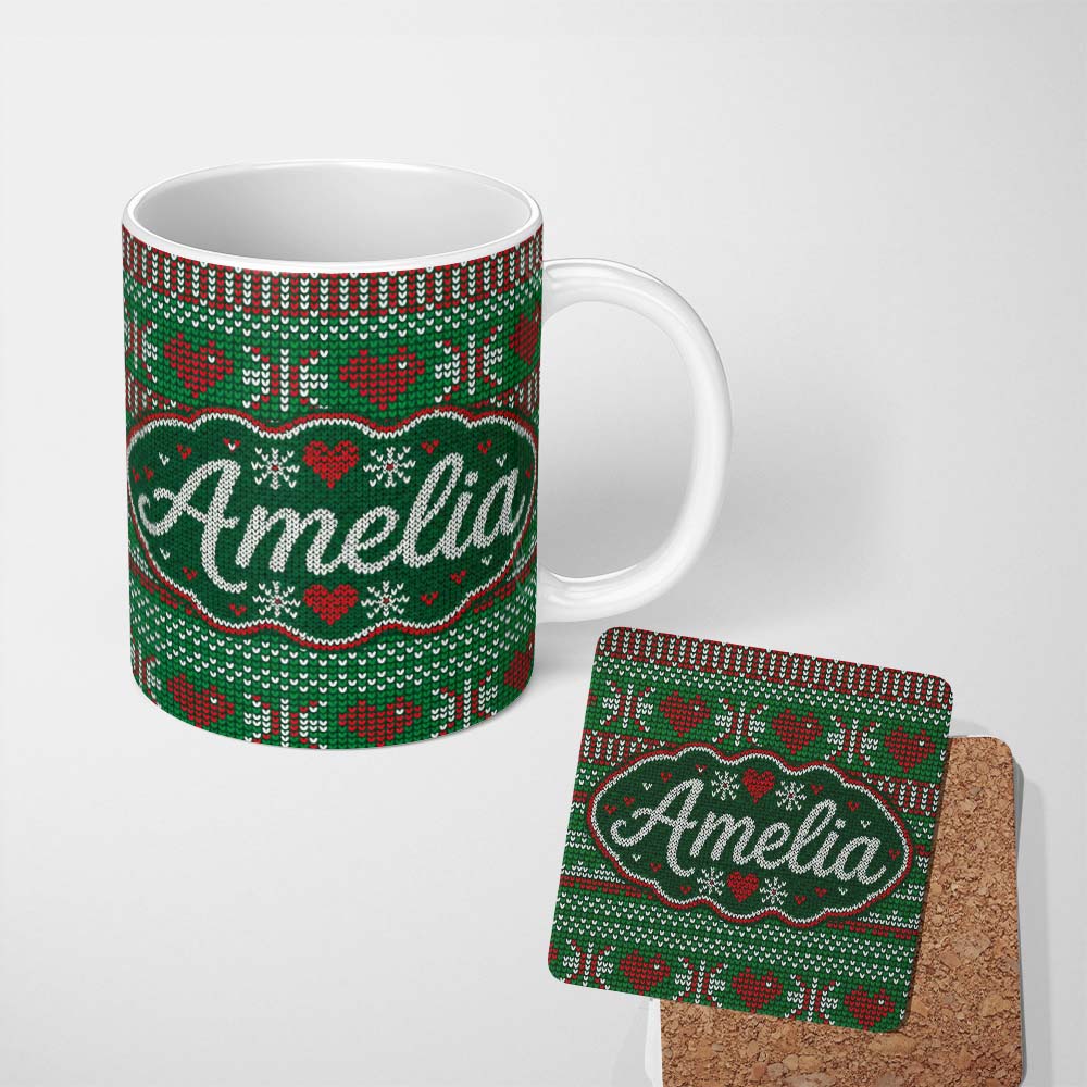 Personalized Custom Name Christmas Heart Stripe Scandinavian Knit Seamless Pattern Lovely 11oz Ceramic Coffee Tea Mug White Large Handle