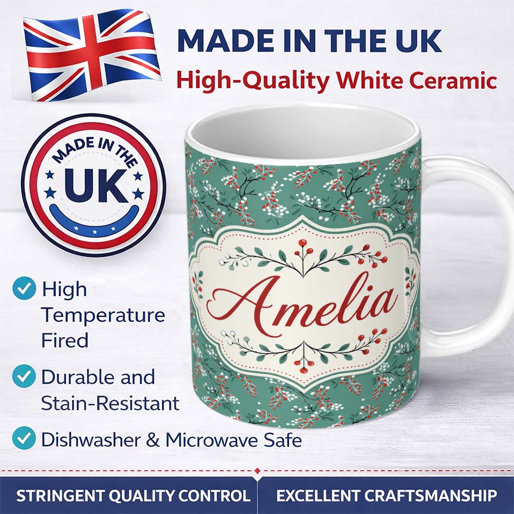 Personalized Custom Name Festive Green Background Red and White Berry Branches Pattern Lovely 11oz Ceramic Coffee Tea Mug White Large Handle