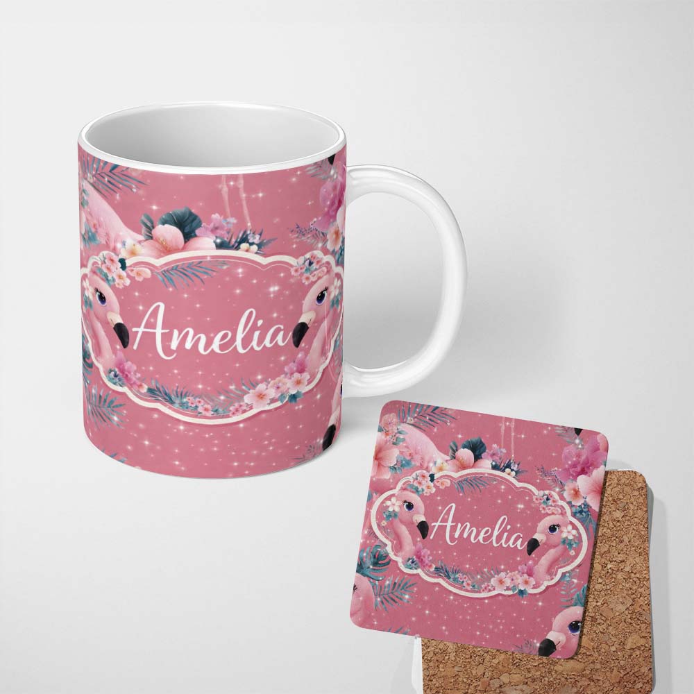 Personalized Custom Name Pink Flamingo Tropical Flowers Sparkle Fantasy Seamless Pattern 11oz Ceramic Coffee Tea Mug White Large Handle