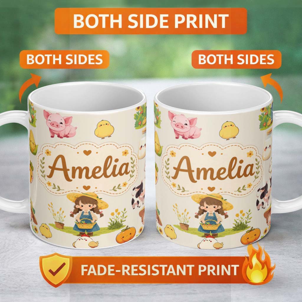 Personalized Custom Name Cute Farm Girl Animals Harvest Seamless Pattern Cream Background 11oz Ceramic Coffee Tea Mug White Large Handle