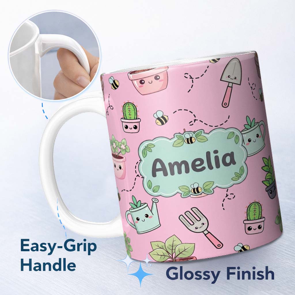 Personalized Custom Name Cute Kawaii Garden Tools Plants Bees Seamless Pattern Pink Lovely 11oz Ceramic Coffee Tea Mug White Large Handle