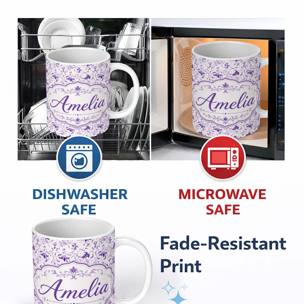 Personalized Custom Name Delicate Purple Floral Vine Ditsy Seamless Pattern Cute Unique Gift 11oz Ceramic Coffee Tea Mug White Large Handle