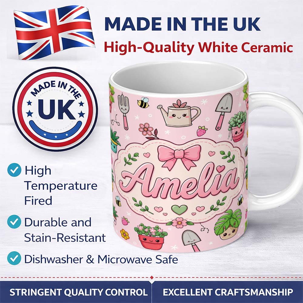 Personalized Custom Name Cute Kawaii Garden Tools Plants Bees Seamless Pattern Pink Floral 11oz Ceramic Coffee Tea Mug White Large Handle
