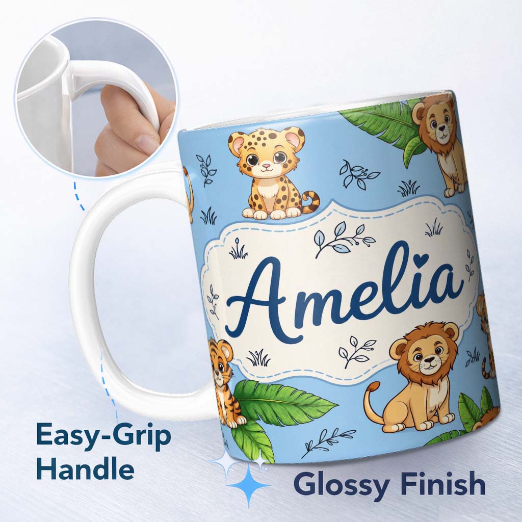 Personalized Custom Name Cute Jungle Animals Lion Tiger Leopard Tropical Leaves Sky Blue 11oz Ceramic Coffee Tea Mug White Large Handle