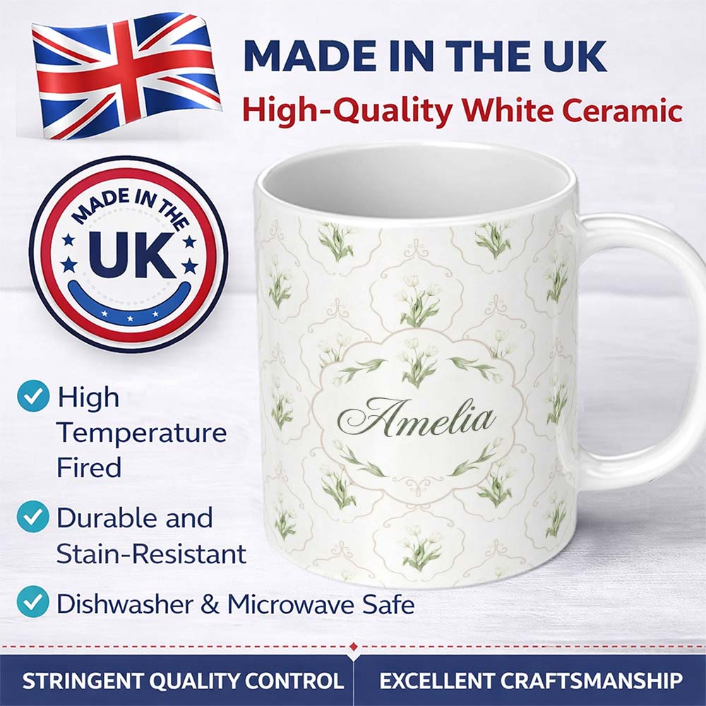 Personalized Custom Name Elegant Vintage Tulip Floral Frame Pattern with Soft Neutral Lovely 11oz Ceramic Coffee Tea Mug White Large Handle