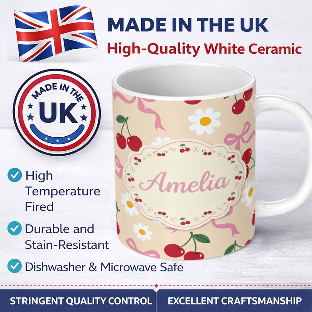 Personalized Custom Name Cute Cherry Bow and Daisy Seamless Pattern on Beige Cute Unique Gift 11oz Ceramic Coffee Tea Mug White Large Handle